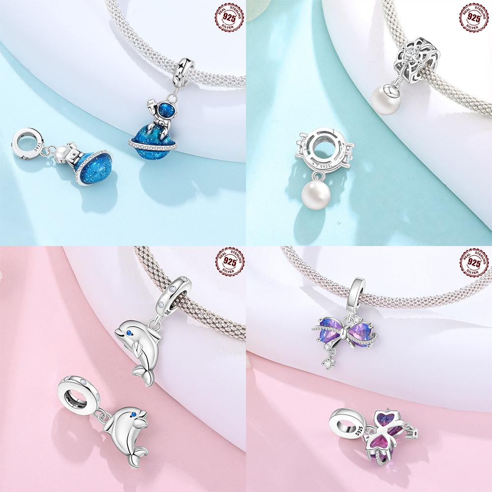 Original Copper Certified Pink Shell Pearl Blue Zircon Petals Beads Fit Women Woman Gift Phone Charms Diy Accessory