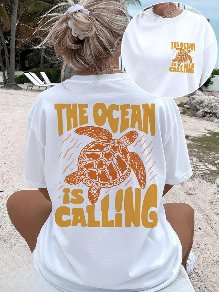 Unisexs The Ocean Is Calling TShirt Cute Turtle Graphic Print Tee Short Sleeve Fashion Loose Summer Top Streetwear Aesthetic