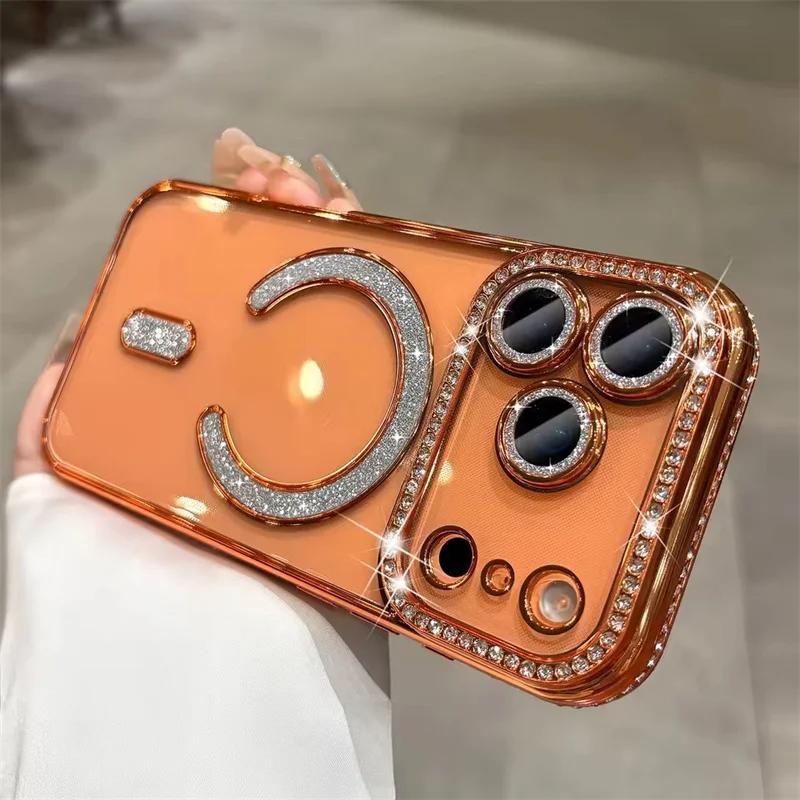 Diamond Glitter Plating Claer Phone Case For 17 Pro Max Air 14 15 Plus 11 12 13 16 Pro For Magsafe Magnetic Protect Cover