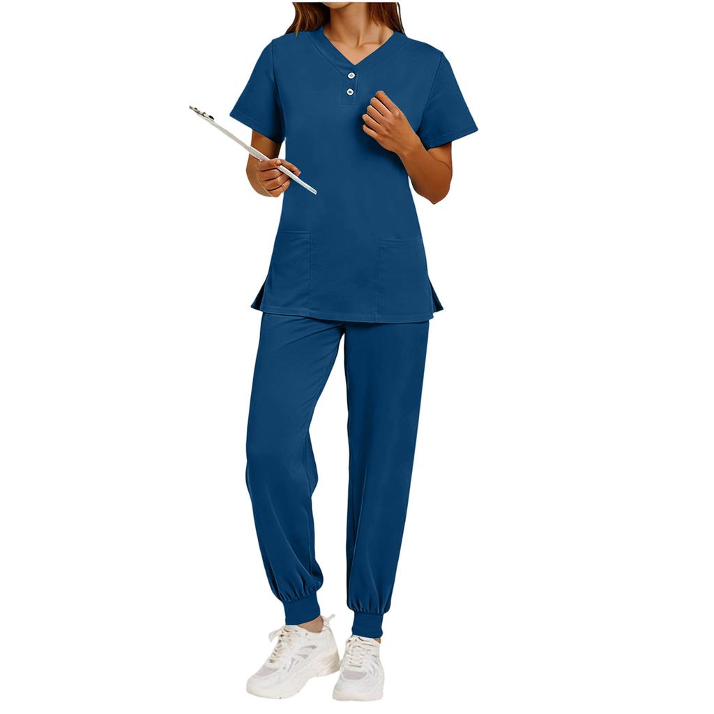 Nursing Scrub Set Women Quick Dry Fabric V Neck Short Sleeve Top with Pockets and Elastic Waist Long Pants Medical Uniform Workwear Set
