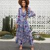 Women Floral Print Long Sleeve V Neck Ruffle Trim Tiered Chiffon Maxi Dress Boho Casual Beach Vacation Wedding Guest Evening Party Elegant Long Dress
