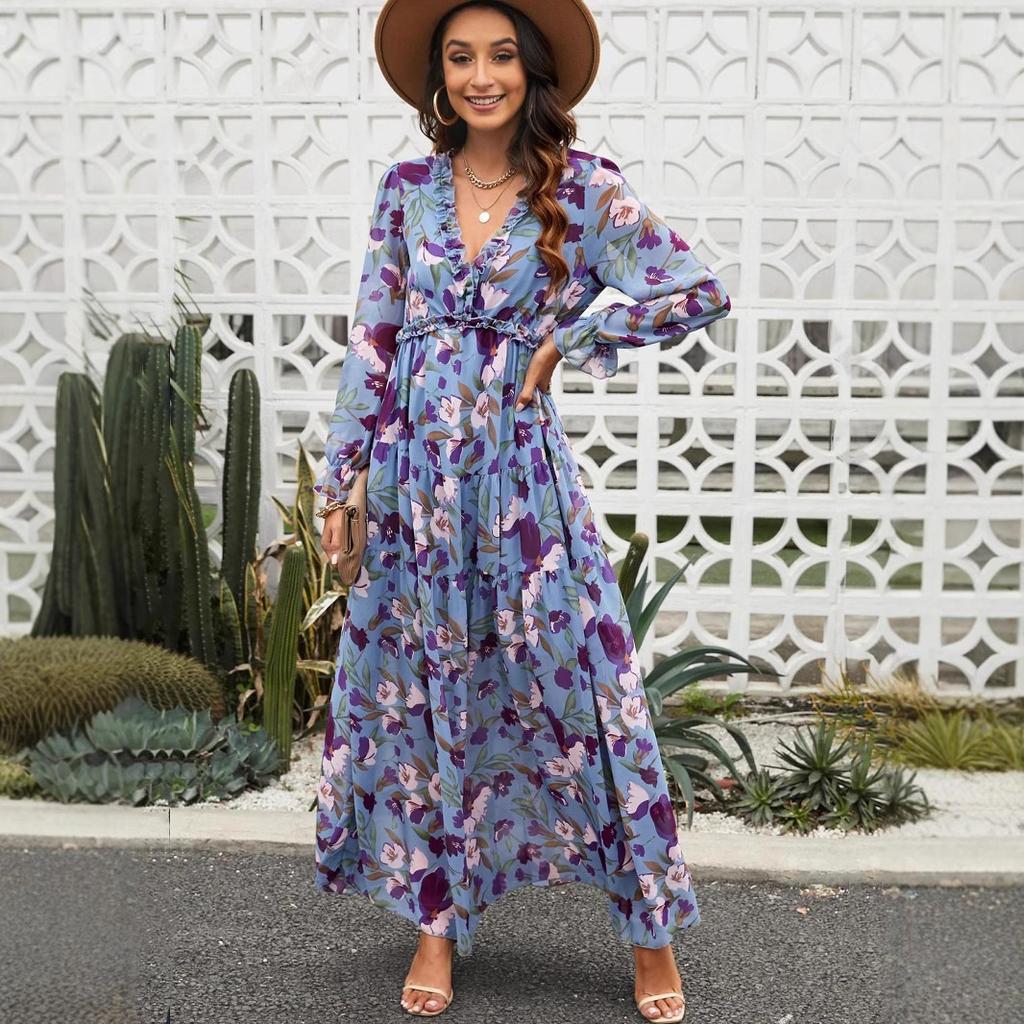 Women Floral Print Long Sleeve V Neck Ruffle Trim Tiered Chiffon Maxi Dress Boho Casual Beach Vacation Wedding Guest Evening Party Elegant Long Dress