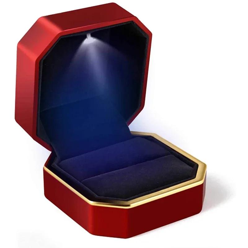 New 1PCS Ring Box Wedding Velvet Ring Case Organizer Jewelry Gift Box With Led Light For Proposal Engagement Ring Boxes