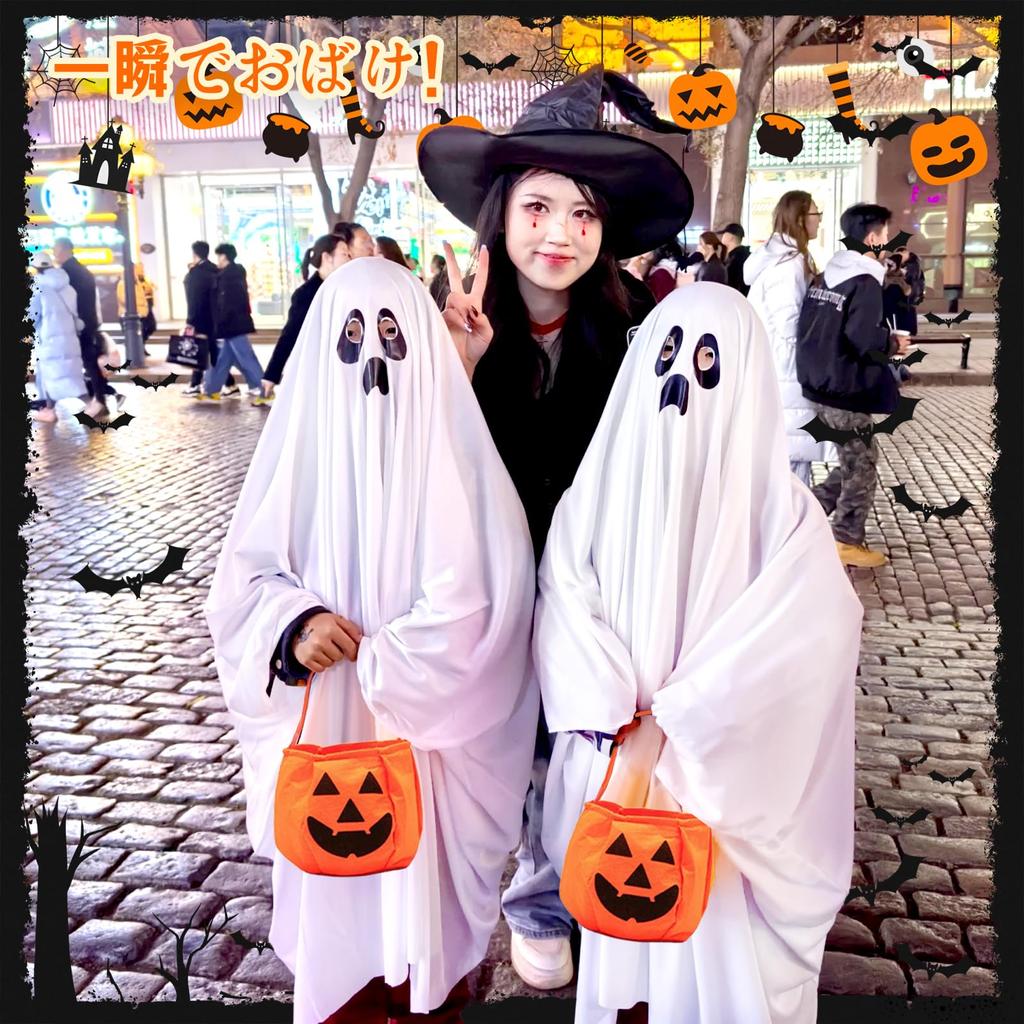 Buoniganuo Halloween Cosplay Kids Ghost Cape Costume Tattoo and Pumpkin Tote and Vampire Costumes for School Club and Family Adults and Girls and Size