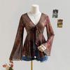 Brown Floral Print Deep V-Neck Long Sleeve Blouse with Bow and Ruffle Hem