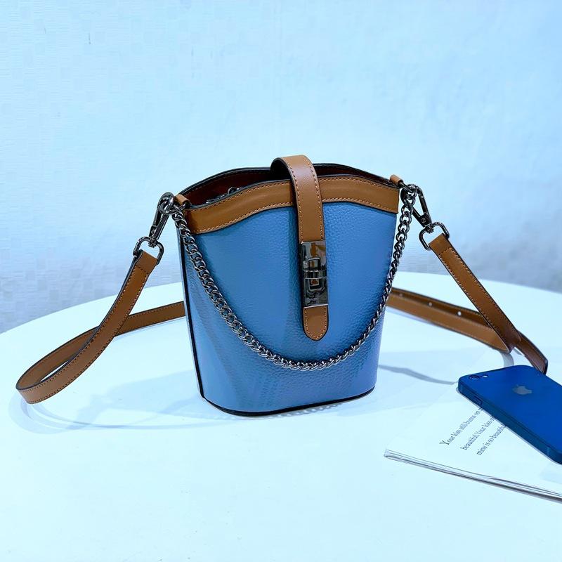 Leather Women'S Bags Trend Contrasting Color Small Bags Chain Versatile Fashion Crossbody Shoulder Bucket Bag 8819