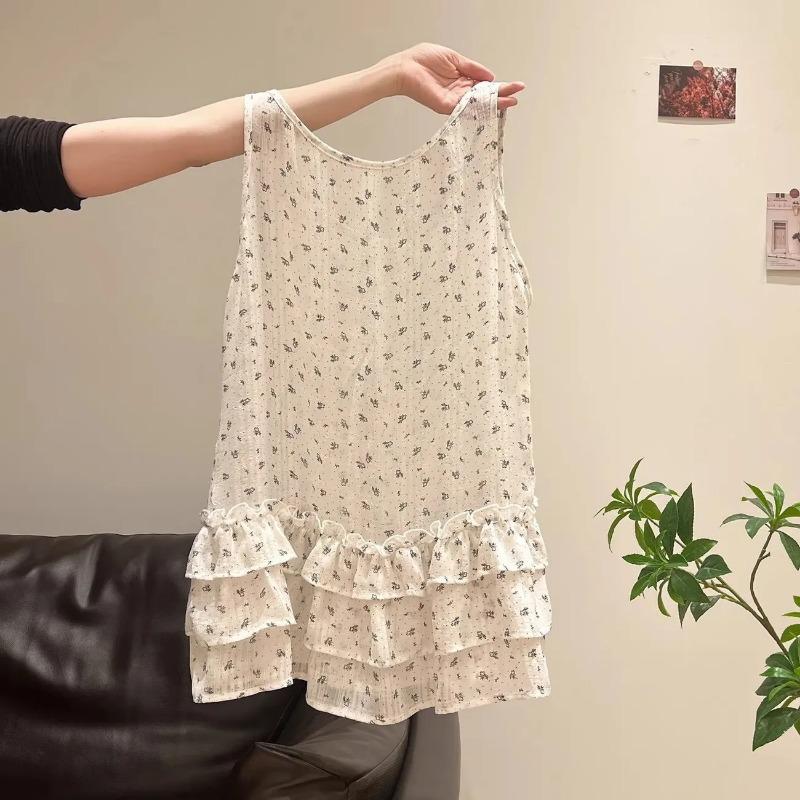 Women s Loose Fit Tiered Ruffle Floral Print Casual Tank Top M белый