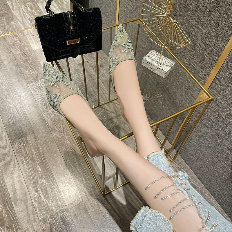 Korean version of casual embroidery half-drag high heels women's spring and summer new pointed thin heels empty sandals