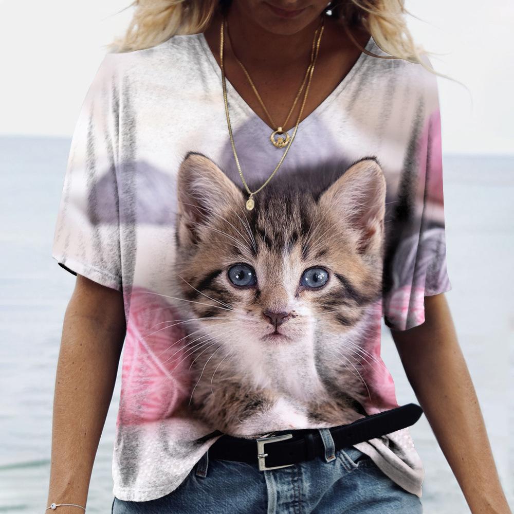 Stylish Breathable Cat Print Short-sleeved V-neck Simple Top T-Shirts Women’s