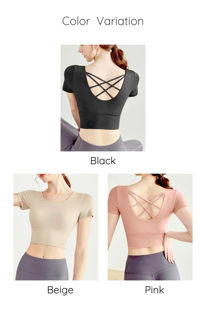 VEROMAN Yoga Top with Short Short Length Size Cups, Sleeves, (ppi-ssd041) (Black, L)