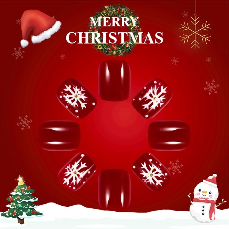 24 Pieces Short Square Glittering French Tip Press On Nail with Snowflake Designs for Christmas and New Year