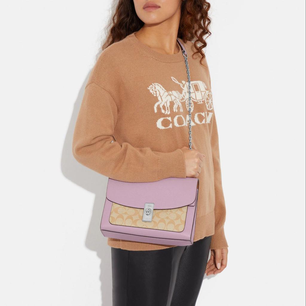 New COACH Lane Coated Canvas With Pebbled Leather Portable Crossbody Bag Shoulder Bag Women's Khaki Monogram & Pink CC330-SVV7O