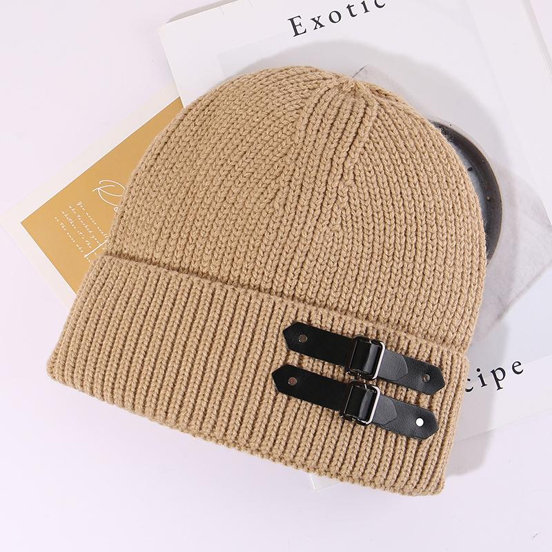 American Leather Buckle Knitted Cold Hat for Men and Women In Autumn and Winter Small Versatile Wool Hat Warm and Cold Hat