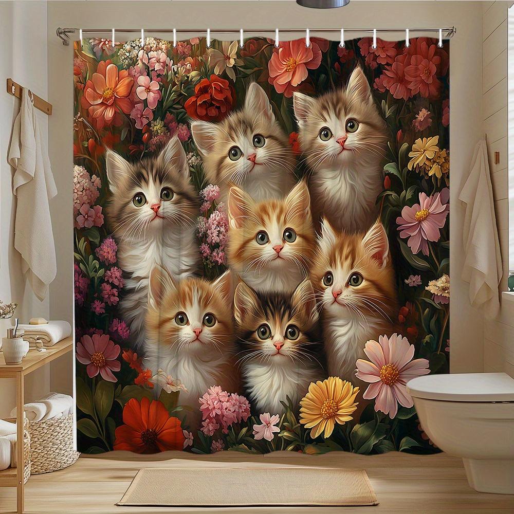 1pc Shower Curtain - Adorable Kittens and Vibrant Flowers Design for a Cozy Bathroom Waterproof