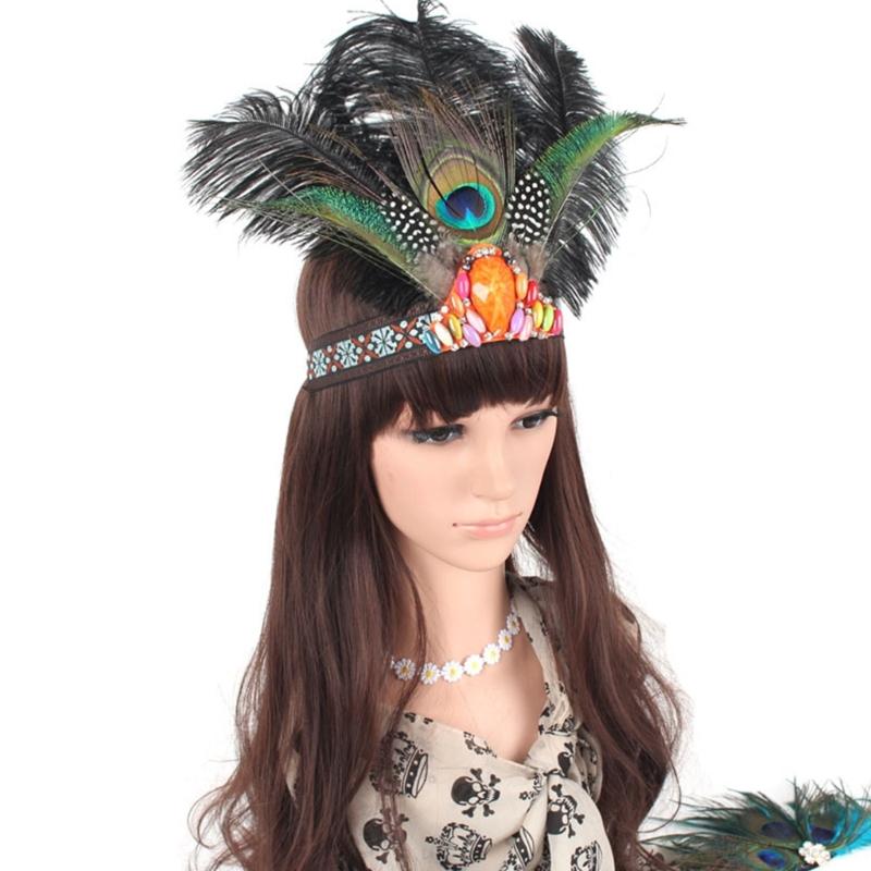 Ethnic Style Headband with Rhinestone&Feather Decors Unique Hair Hoop Women Bride Wedding Party Taking Photo Headband