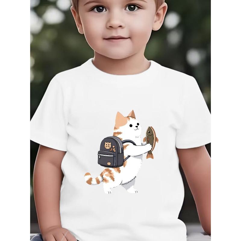 Baby Boys Cute Cat & Fish Print Crewneck Summer Short Sleeve T-Shirt