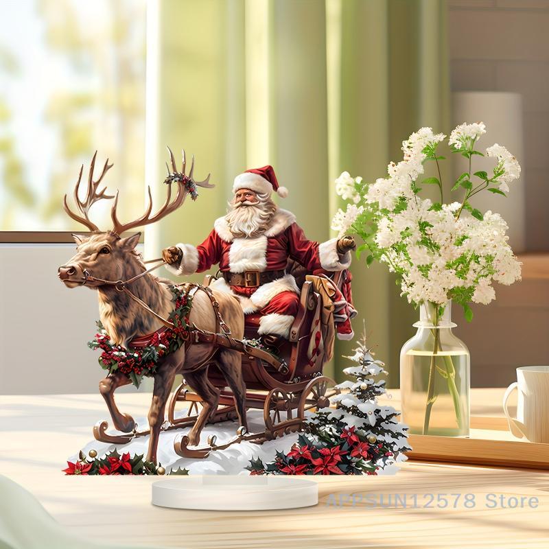 Santa Claus Reindeer Sled Acrylic Ornament – Tabletop Decoration with Base for Christmas, Navidad, and Holiday Parties