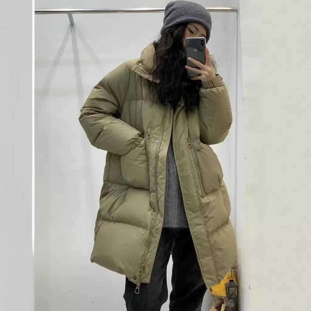 2024 Winter Korean Style Women's Stand Collar White Duck Down Mid-Length Jacket