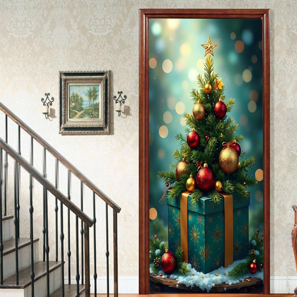 Christmas Santa Claus PVC Self-Adhesive Waterproof Door Sticker Modern Simulation Door Mural Wallpaper Living Room Study Home Decor Art Door Poster