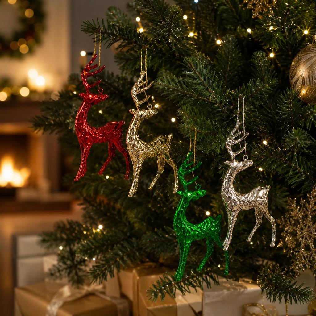 Christmas Tree Metal Elk Ornaments: Red, Gold, Green & Silver - Wrought Iron Festive Decorations
