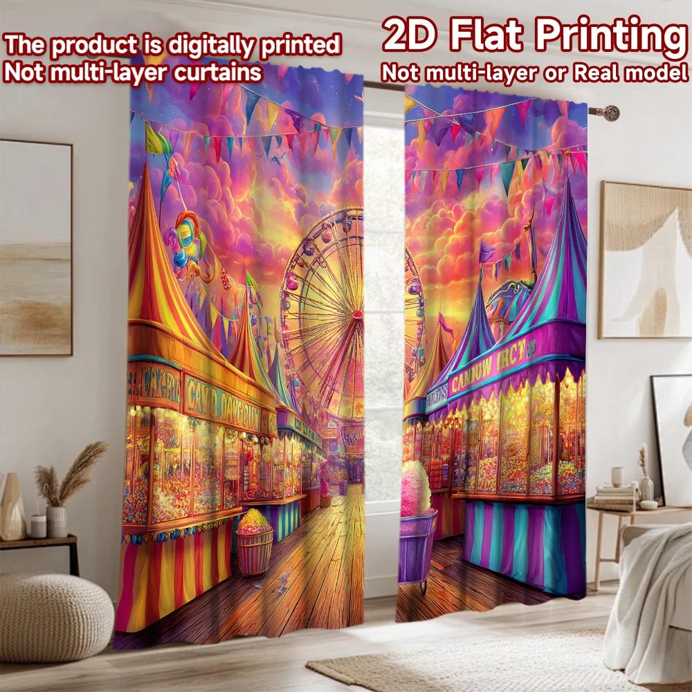 2D flat printing 2pcs Curtain Cotton Candy Carnival Ferris Wheel Fun Digital Printed Polyester Drapes Festive Curtains for