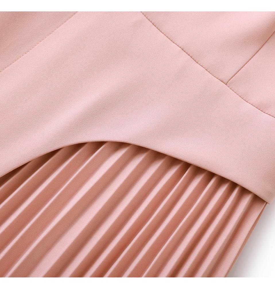 Elegant Slimming Pleated Short Sleeve Waist-Cinching Dress for Spring/Summer