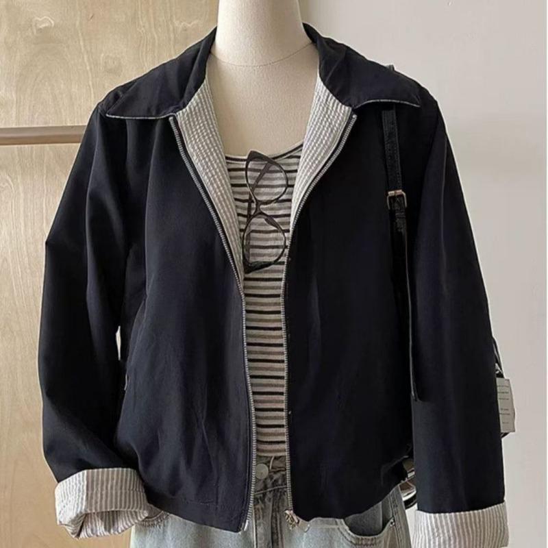 Retro Double-sided Striped Women Lapel Jacket Autumn New Loose Short Casual Long-sleeved Top