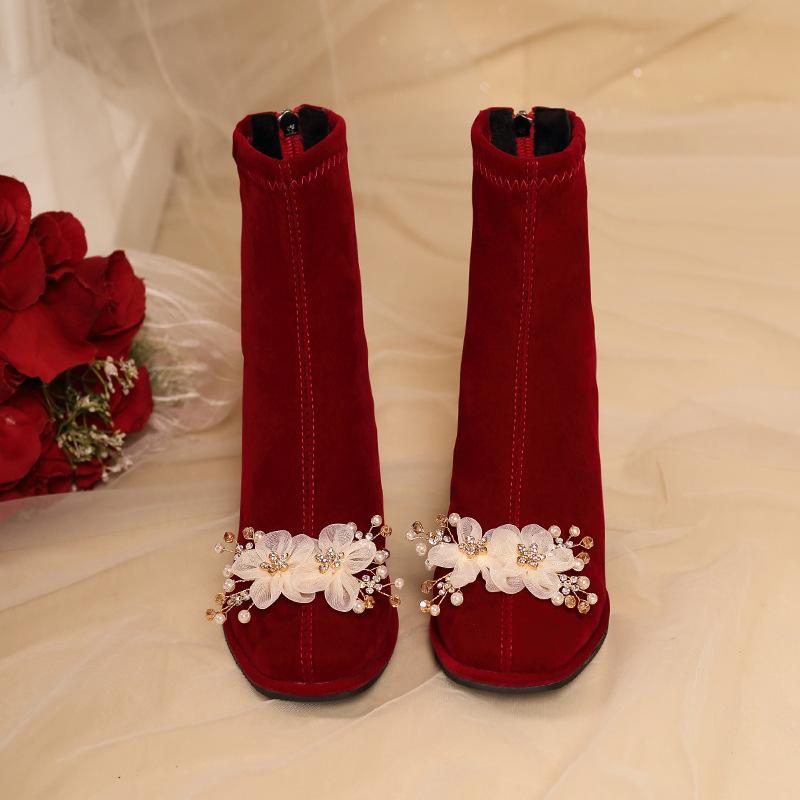

Цветочные ботильоны на толстом каблуке с квадратным носком, водонепроницаемые, из столового бархата, бордовые, свадебные, осенне-зимние, атмосфера 2025, новая модная женская обувь 40
