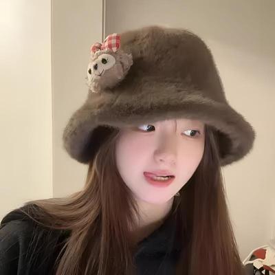 Bucket Hat Furry Damen Herbst und Winter Warm Bear Vielseitiger Bucket Hat Kreativer Gehörschutz Kleines Gesicht