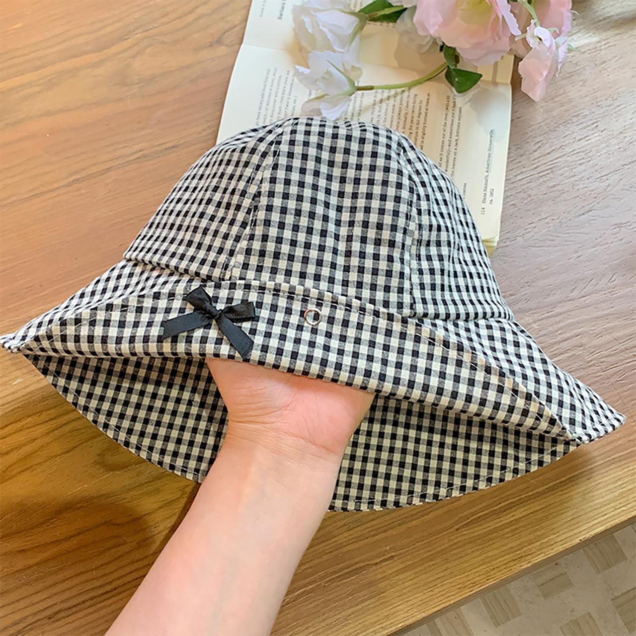 

Sweet Korean Plaid Fisherman Hat Summer Wide Brim Sunshade Bowknot Panama Dome Basin Cap Girls Ladies Travel Outdoor Bucket Hat One Size чорний