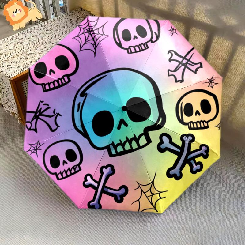 1 PC Automatic Folding Umbrella - Colorful Skulls Pattern, Portable & Foldable Design with 8 Ribs, Christmas Birthday Gifts