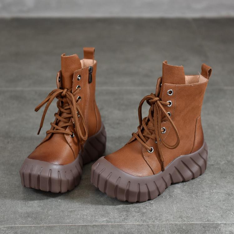 Johnature Genuine Leather Thick Soled Boots Retro Round Toe Lace Up Women's Platform Boots