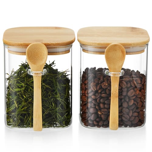 POKALOTEA Glass Canisters, Airtight, 900ml, Kitchen Glass Storage Containers, Set of 2, Heat-Resistant Glass Tea Canisters with Airtight Bamboo Lids a