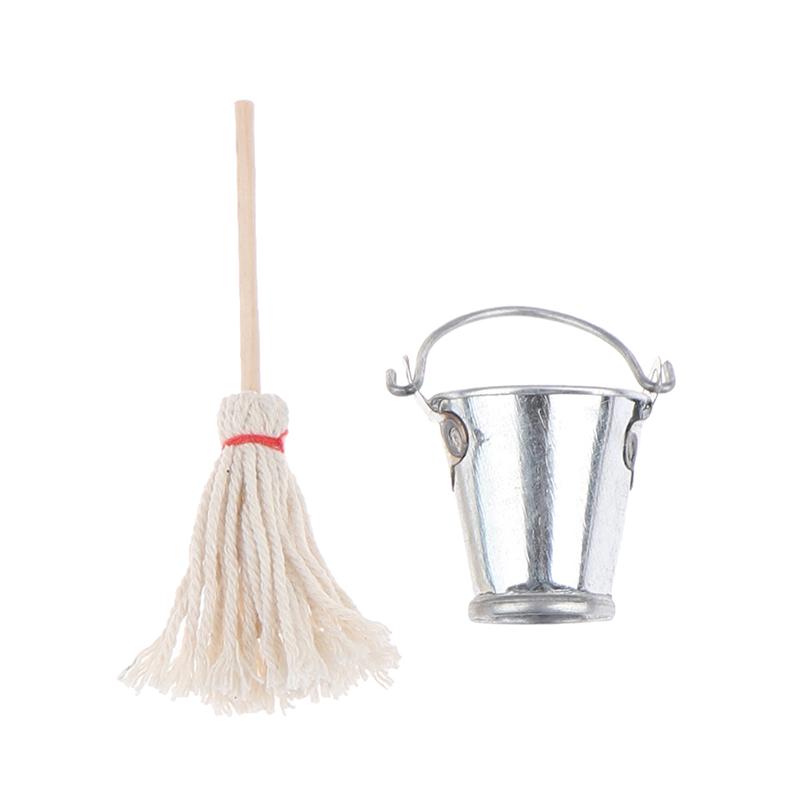 2 Pcs/Set Scale 1:12 Dollhouse Kitchen Garden Mop Bucket Creative Toys Gifts