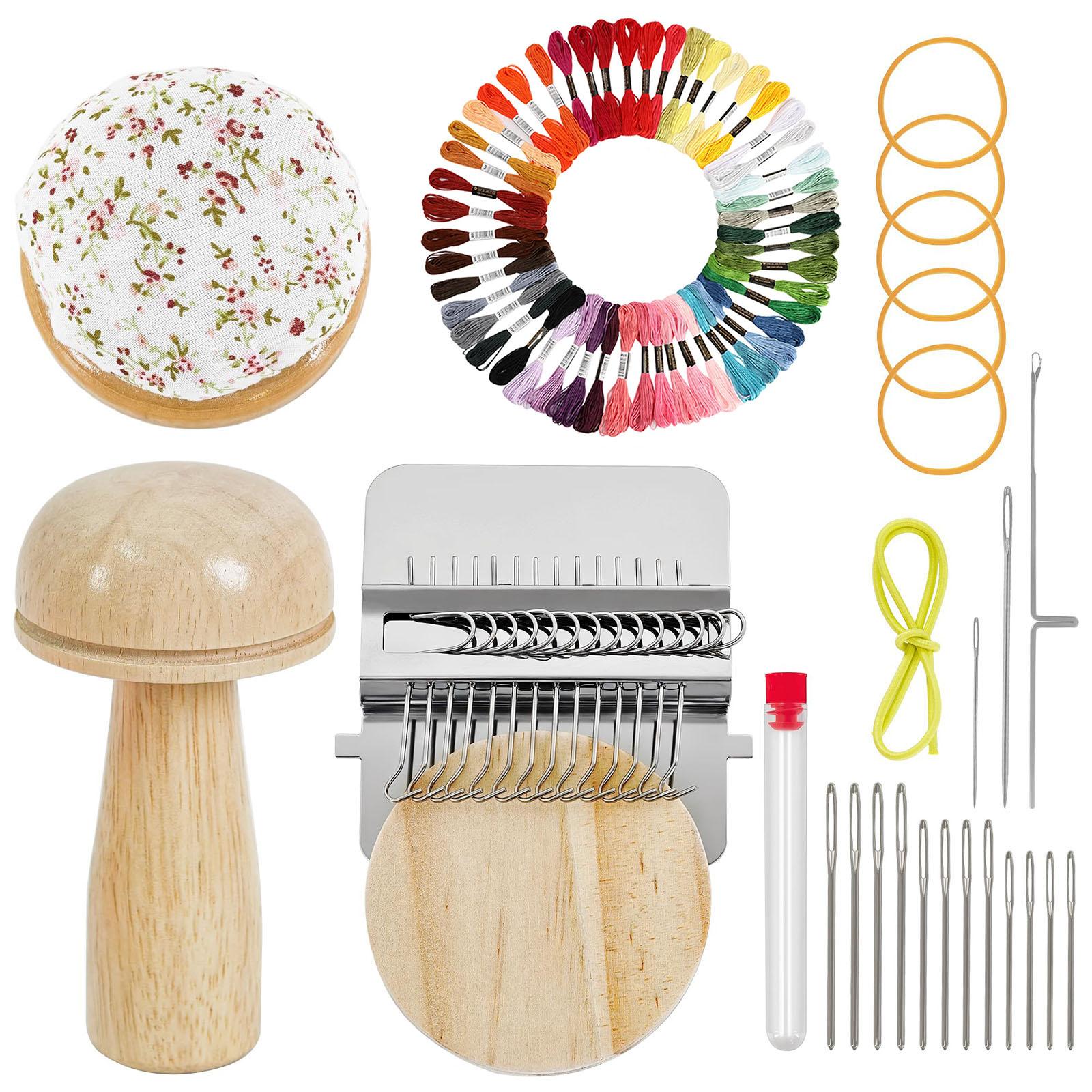 

Mini Darning Loom Mushroom Knit Patch Kit w/ 14 Hooks Small Weaving Loom 14 Pcs Large Eye Needles 50/100 Color Threads for DIY