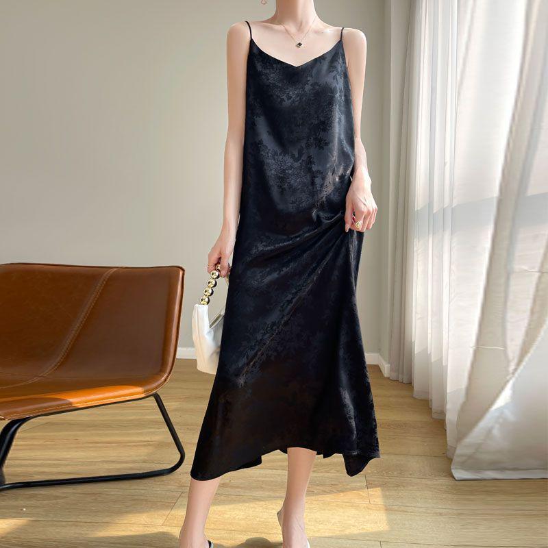 New Chinese National Style Jacquard Spaghetti Strap Over-the-Knee Satin Dress