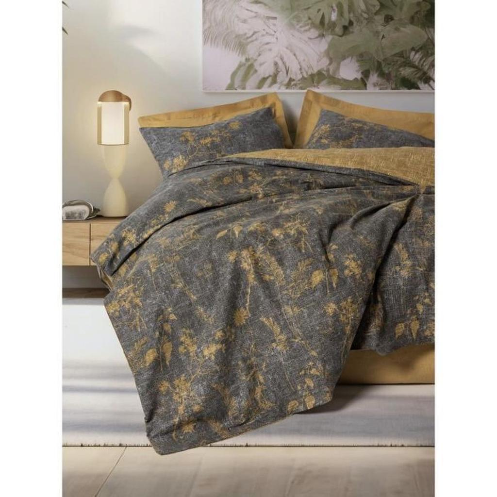 Parure de lit - 1 housse de couette 220 x 240 cm + 2 taies d'oreiller 60 x 60 cm - 100% coton renforcé - Moutarde