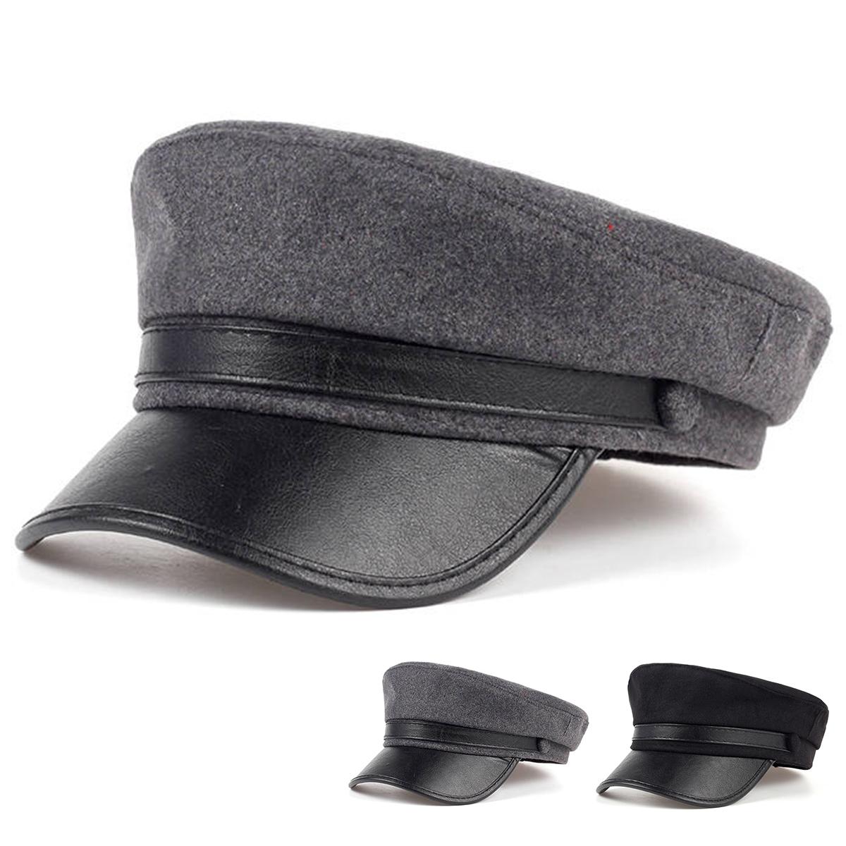 

Unisex Leather Hat Eaves Panel Navy hat Spring Autumn Sailor Hats Ladies Beret Caps Men Flat Top Captain Military Caps сірий