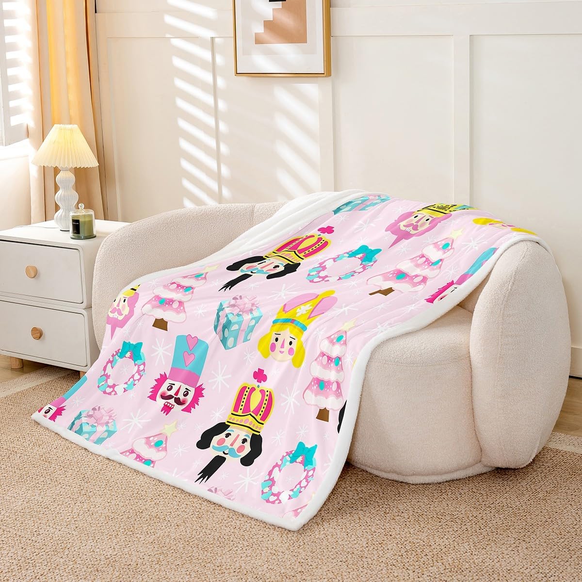 

Pink Christmas Sherpa Blanket,Xmas Tree Christmas Nutcracker Fleece Throw Blanket,Kids Girls Room Decor,Christmas SnowflakePlush 75x90cm