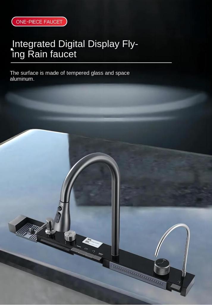 Küchenspüle aus Edelstahl 304, Doppel-Wasserfall, Einzelschlitz, integrierte Digitalanzeige, Wasserhahn-Set, Seifenspender, Tassenwascher
