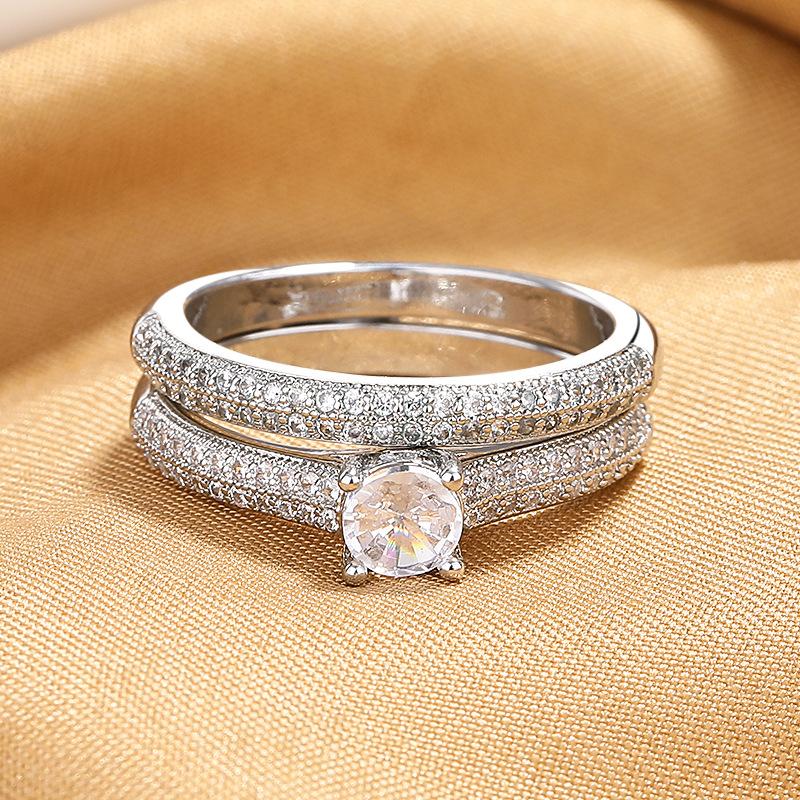 2026 Micro-inlaid Zircon Ring Personalized Women's Combination Ring Set Fashionable Light Luxury Four-claw Couple Wedding Ring Pair
