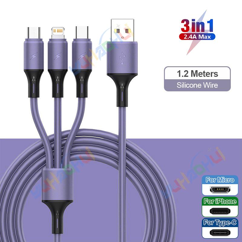 2.4A Max 3 w 1 kabel USB szybkie ładowanie kabel błyskawicy do iPhone'a typu C kabel do ładowania telefonu komórkowego do Xiaomi Samsung USB Micro