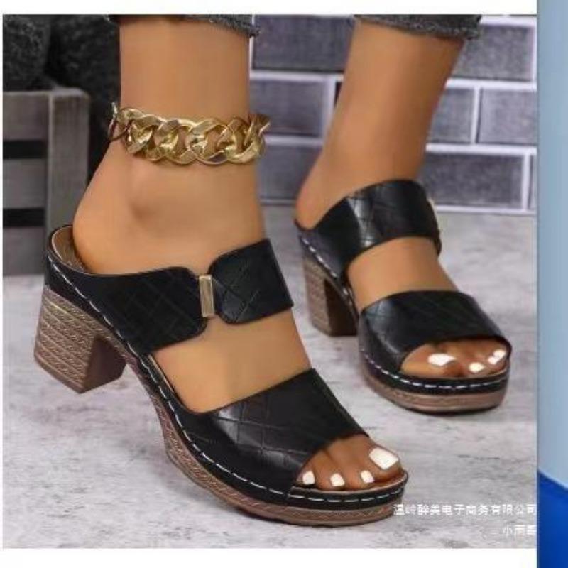 New large-size open-toed high-heeled slippers women's new thick-heeled embossed fashion cool slippers