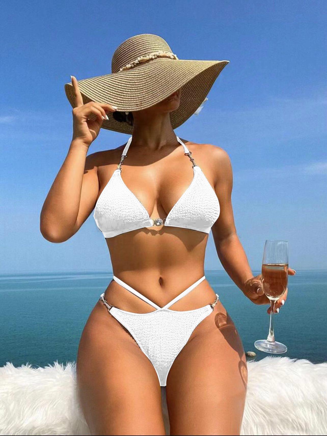 

Трендовое сексуальное однотонное бикини-халтер: Женские европейские и американские купальники для пляжного отдыха Medium белый