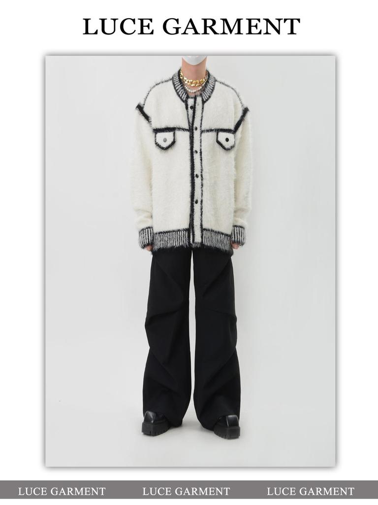 Unisex Color Block Knit Cardigan Jacket - Heavyweight Plush, Autumn/Winter Trendy Loose Fit