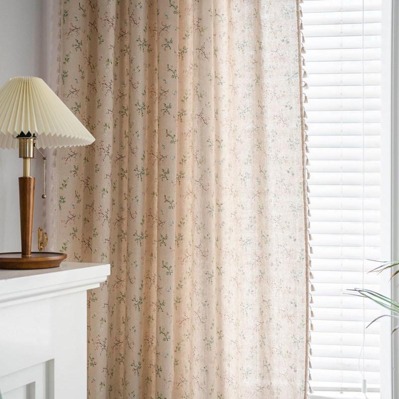 American Style Cotton Linen Printed Beige Floral Tassel Window Curtain Semi-shading Drapes Living Room Bedroom Kitchen Drapes