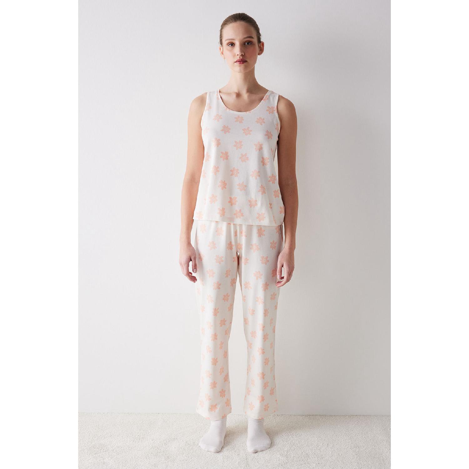 

Peach Floral Trousers Pajama Set XS екрю