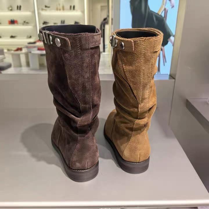 Cowhide Edition~ Wilderness Pastoral Vintage Western Boots 2025 Autumn and Winter Atmosphere Brown Versatile Flat Folded Stacking Boots