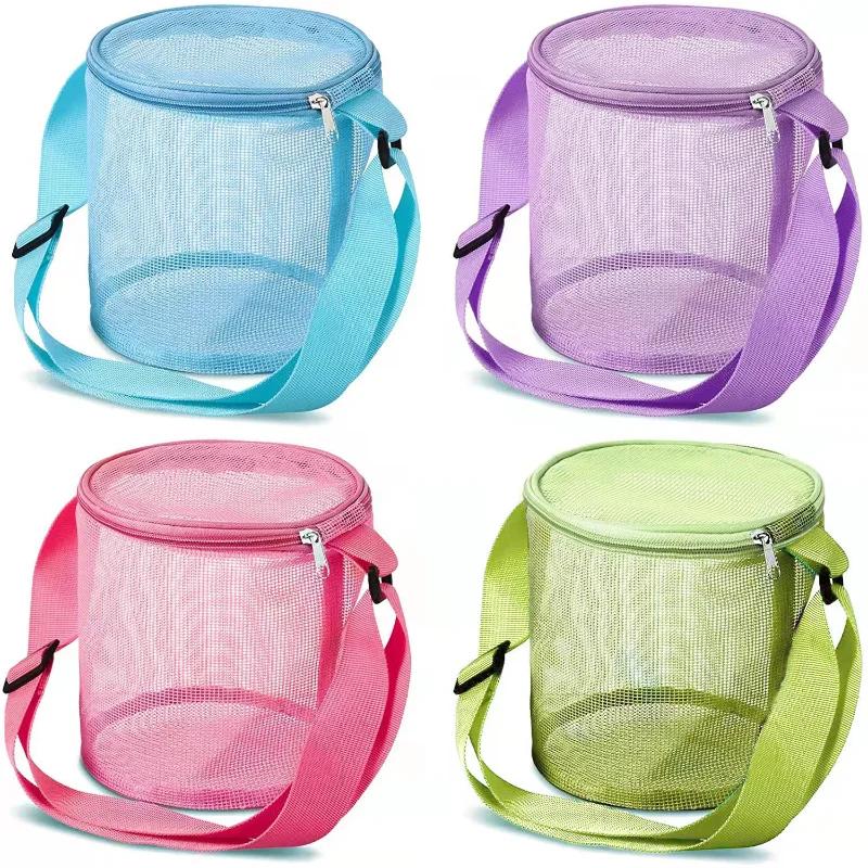 Mesh Beach Bag for Kids Toy Organizer Net Zipper Adjustable Shoulder Strap Storage Pouch Child Shell Collecting Bag Round Bucket