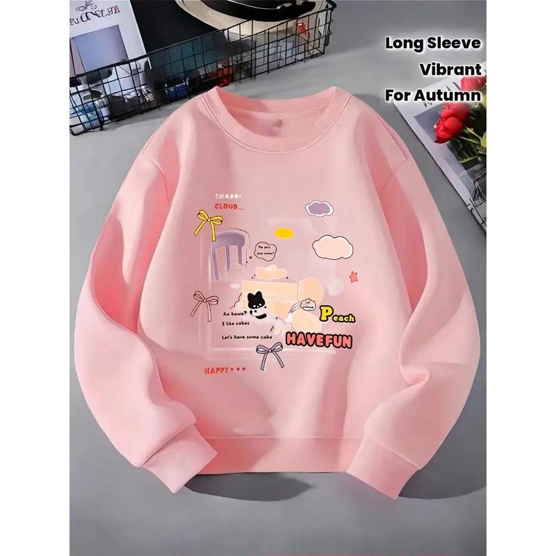 European sizes Kids' Crew Neck Sweatshirt - Cloud Peach Cake Joyful Fun Cat, Athletic And Casual Attire, Soft And Cozy, Easy Maintenance